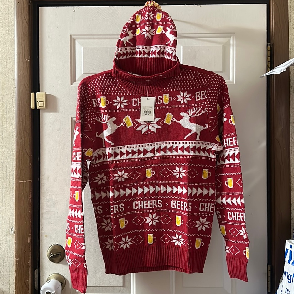 CELEBRATE TOGETHER CHEERS/BEERS CHRISTMAS SWEATER WITH MATCHING HAT: NWT: SIZE S